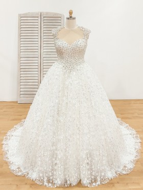 sparkly beaded Queen Anne neck ball gown wedding dress