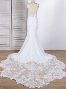 ivory spandex with scalloped lace long train wedding gown ivory spandex with scalloped lace long train wedding gown