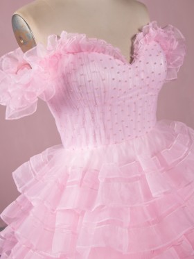 pearled sweetheart ruffled pink gown
