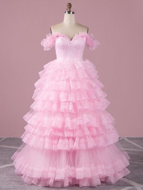 ruffled and tiered pink tulle pearled off the shoulder princess gown