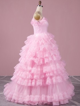 ruffled and tiered pink tulle princess gown ruffled and tiered pink tulle princess gown