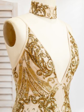 deep V neckline and choker gold dress deep V neckline and choker gold dress