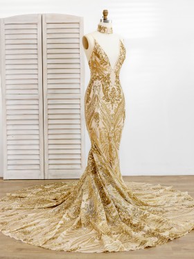 plunging neckline with a choker gold sequin prom dress plunging neckline with a choker gold sequin prom dress