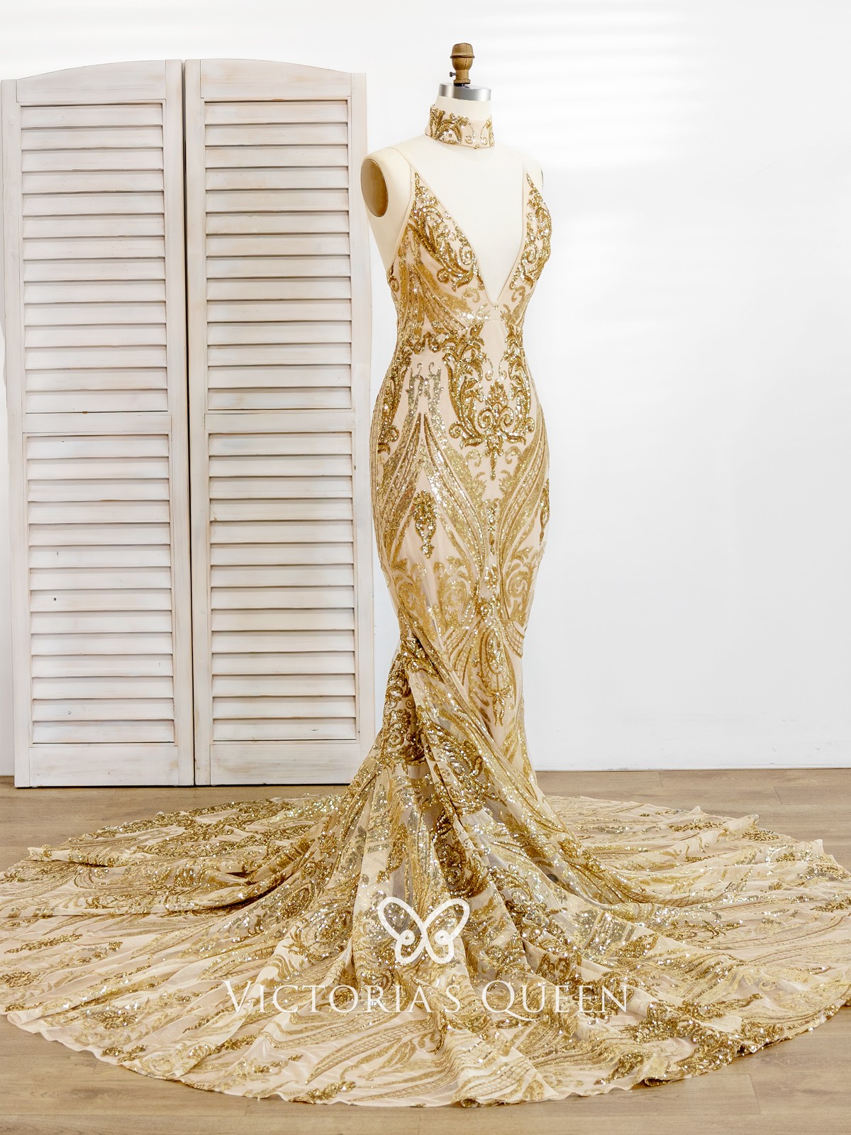 VQ Unique Gold Sequin Deep-V Long Train Sexy Prom Dress