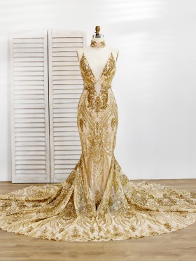 unique gold sequin deep V long train sexy prom dress