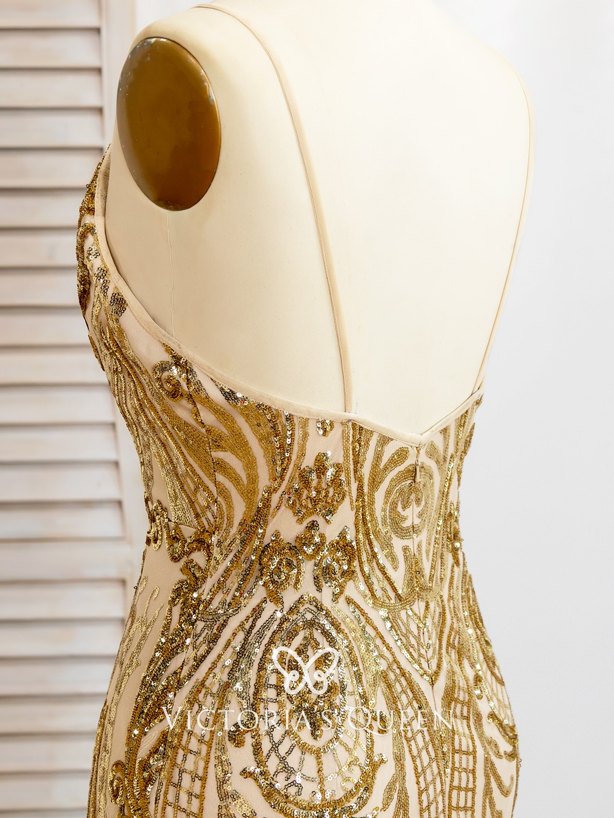 VQ Unique Gold Sequin Deep-V Long Train Sexy Prom Dress