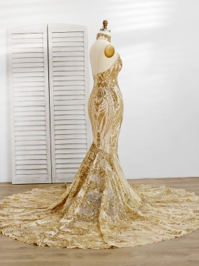 unique gold sequin sexy long train prom dress