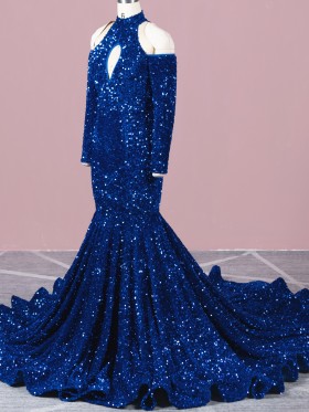 cut out bodice long sleeve royal blue sequin prom dress