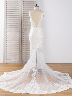 ivory sheer lace and tulle long train wedding dress ivory sheer lace and tulle long train wedding dress
