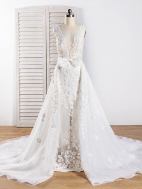 sexy sheer lace tulle wedding dress with detachable overskirt sexy sheer lace tulle wedding dress with detachable overskirt