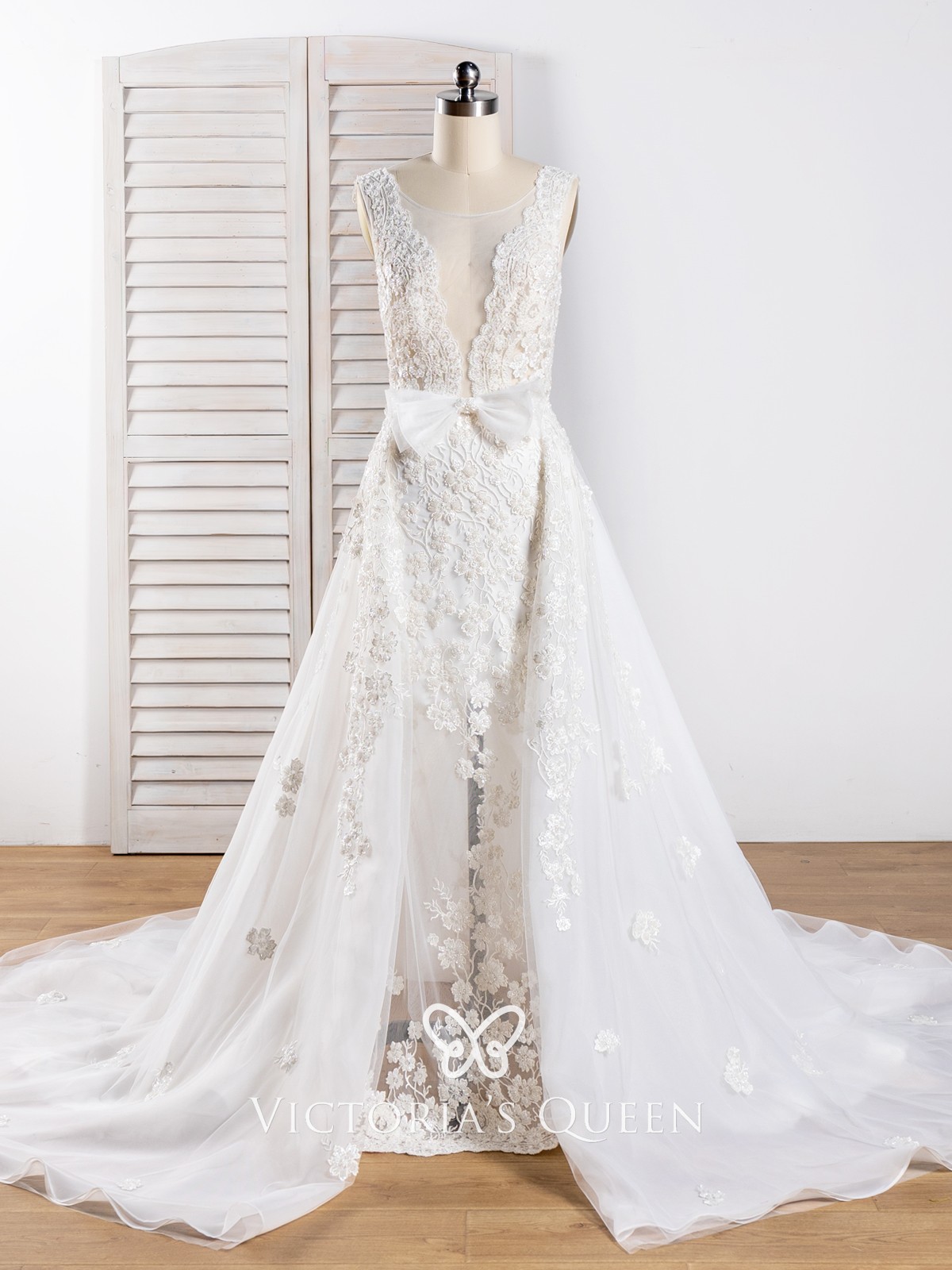 sexy sheer lace tulle wedding dress with detachable overskirt