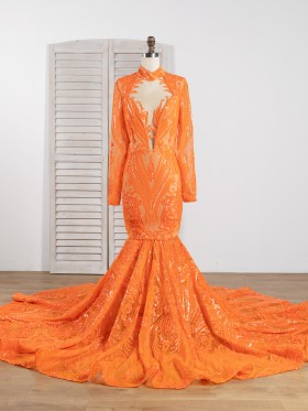 gorgeous orange sequin long train mermaid unique prom dress