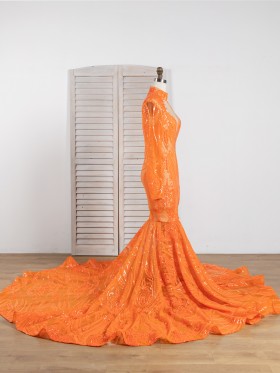 gorgeous orange sequin mermaid long train prom gown
