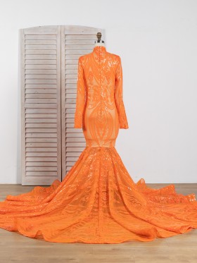 unique orange sequin long sleeve long train prom dress