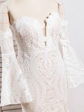 bell sleeve white lace nude lining dress bell sleeve white lace nude lining dress