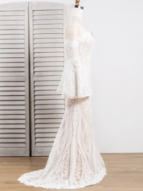 long bell sleeve white lace nude lining mermaid formal gown