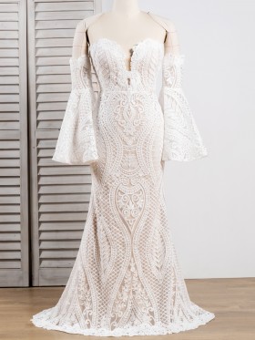 unique white lace nude lining bell sleeve long prom dress