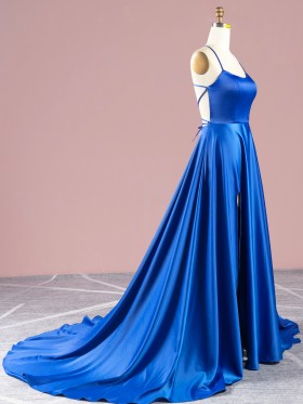 spaghrtti straps royal blue satin long prom dress spaghrtti straps royal blue satin long prom dress