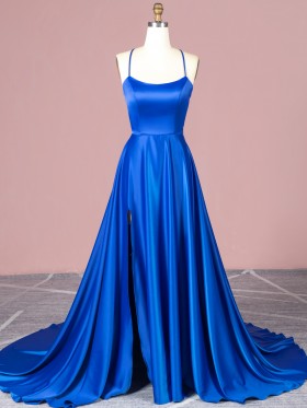 spaghrtti straps royal blue satin split A line prom dress