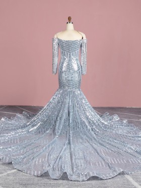 mermaid long train silver sequin prom dress