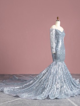 off shoulder long sleeve silver sequin mermaid prom dress