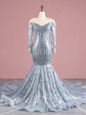 silver striped sequin long sleeve long train prom dress