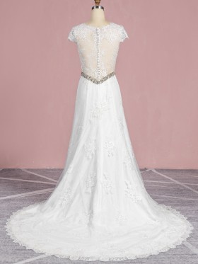 illusion back lace chapel train wedding dress