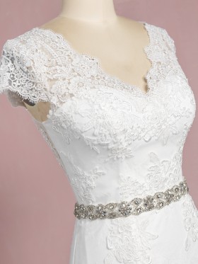 scalloped V neckline cap sleeve beaded dress