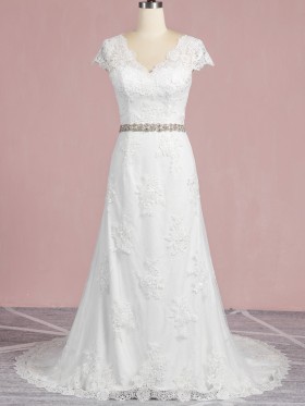 vintage scalloped lace V neck beaded belt wedding dress