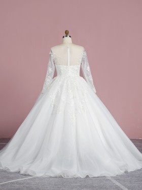 classic ivory lace and tulle long sleeve ball gown wedding dress