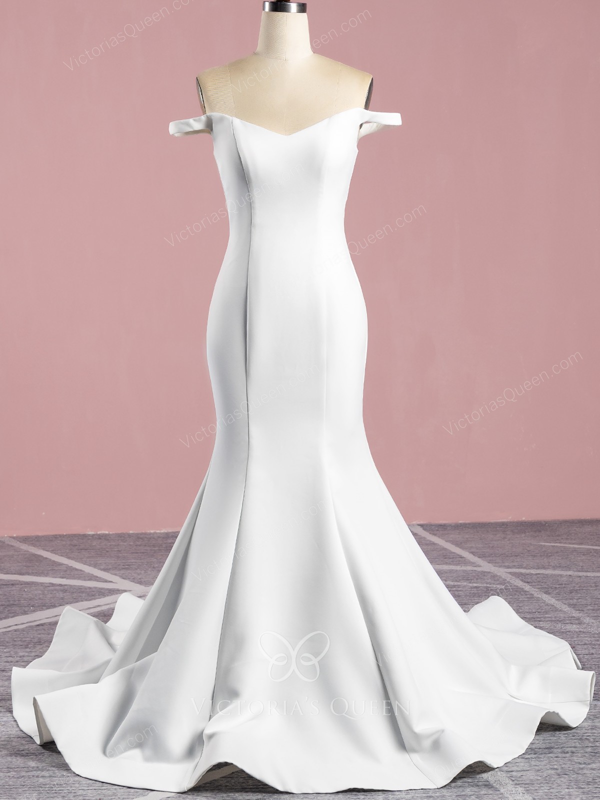 sleek ivory satin mermaid off the shoulder wedding dress
