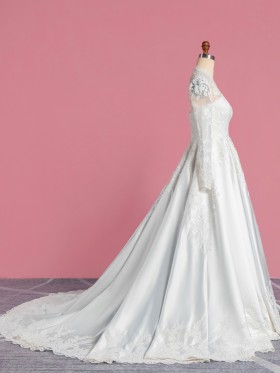 ivory lace and satin long sleeve wedding dress