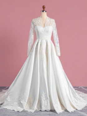 ivory lace appliqued satin A line elegant wedding dress ivory lace appliqued satin A line elegant wedding dress