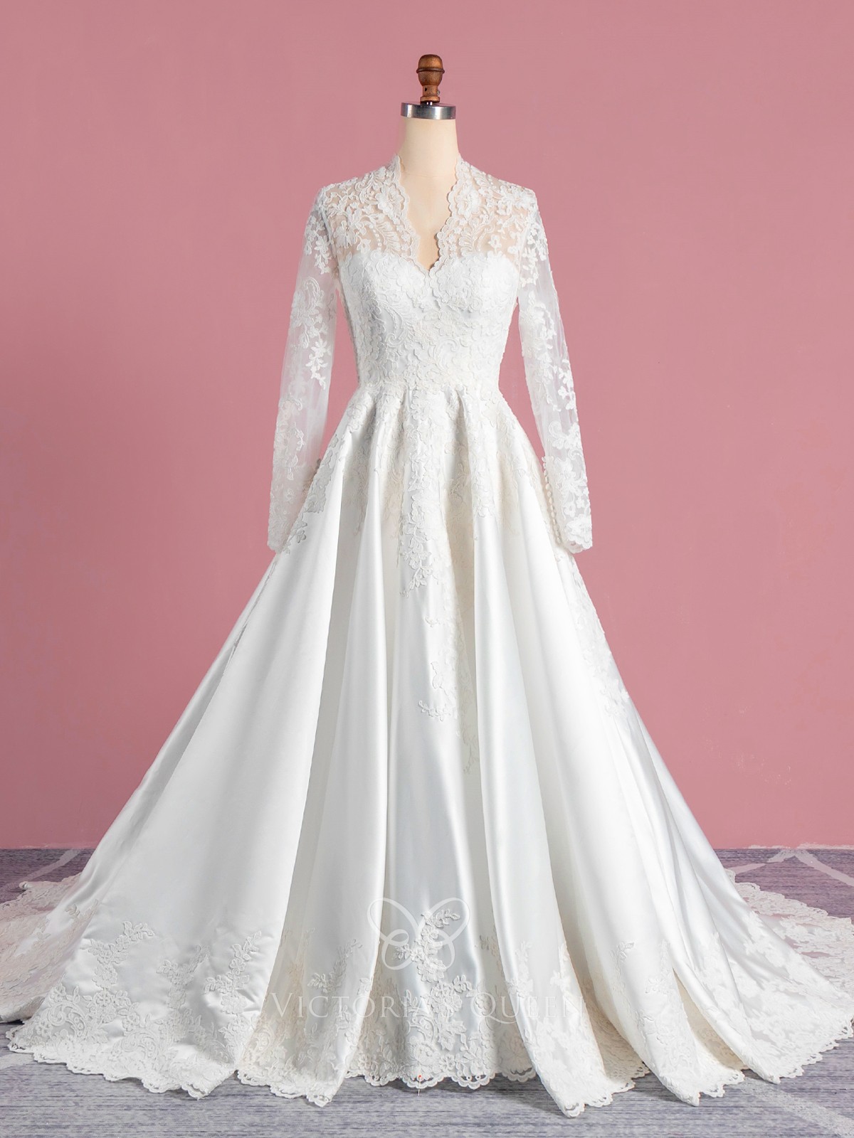 ivory lace appliqued satin A line elegant wedding dress