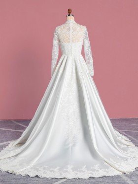 ivory satin with lace appliqued A line wedding gown