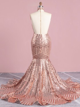 rose gold sequin long train low back prom dress