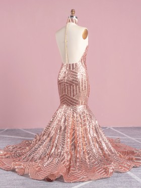 rose gold sequin open back mermaid prom gown