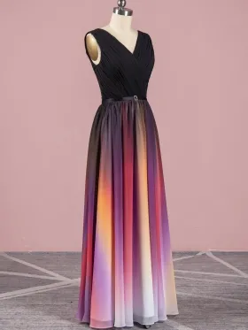 black V neck ombre chiffon bridesmaid dress