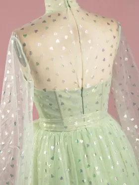 mint heart pattern sheer sleeve homecoming dress