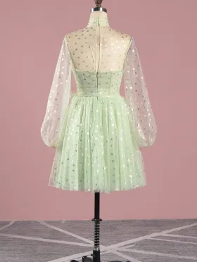 sheer puff sleeve short mint mesh party dress