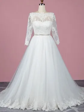 illusion neckling and sleeve ivory lace tulle bridal gown
