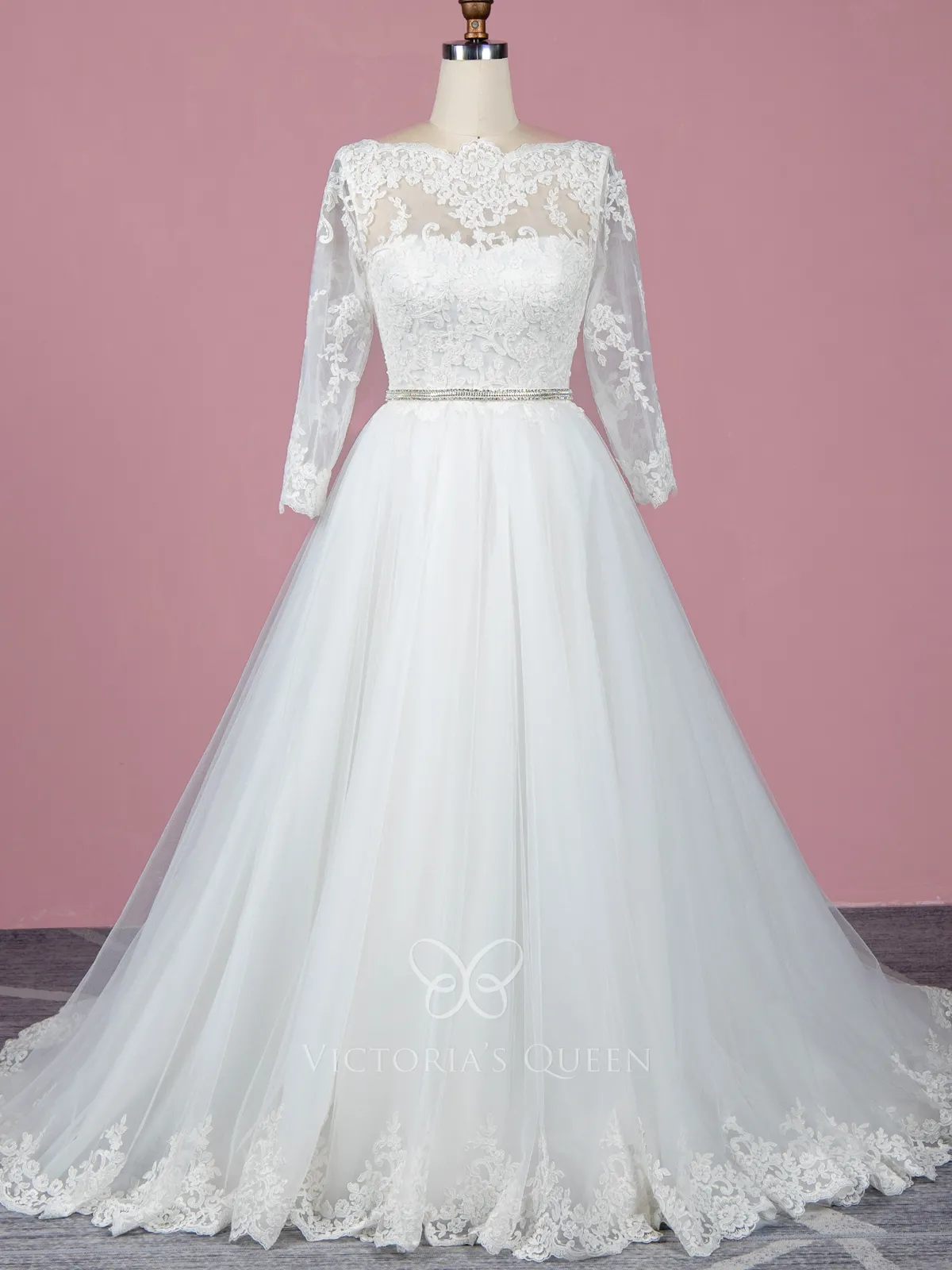 illusion neckling and sleeve ivory lace tulle bridal gown