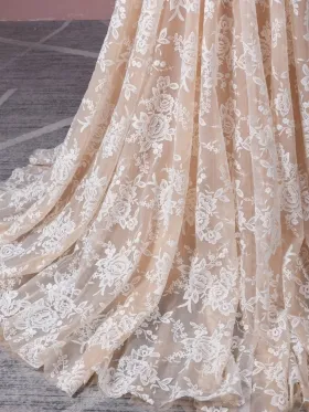 floral white lace with nude tulle wedding dress