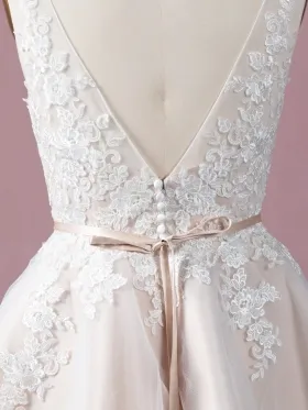 V back with button decor champagne satin and lace dress