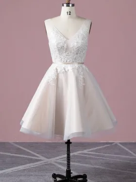 champagne satin ivory lace tulle knee length bridal dress