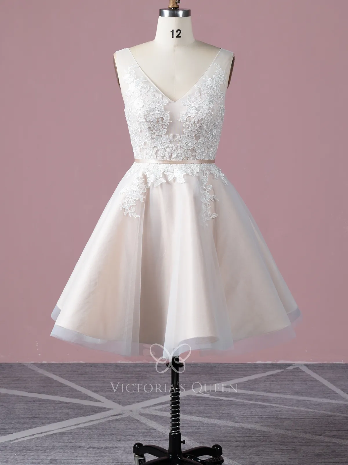 champagne satin ivory lace tulle knee length bridal dress