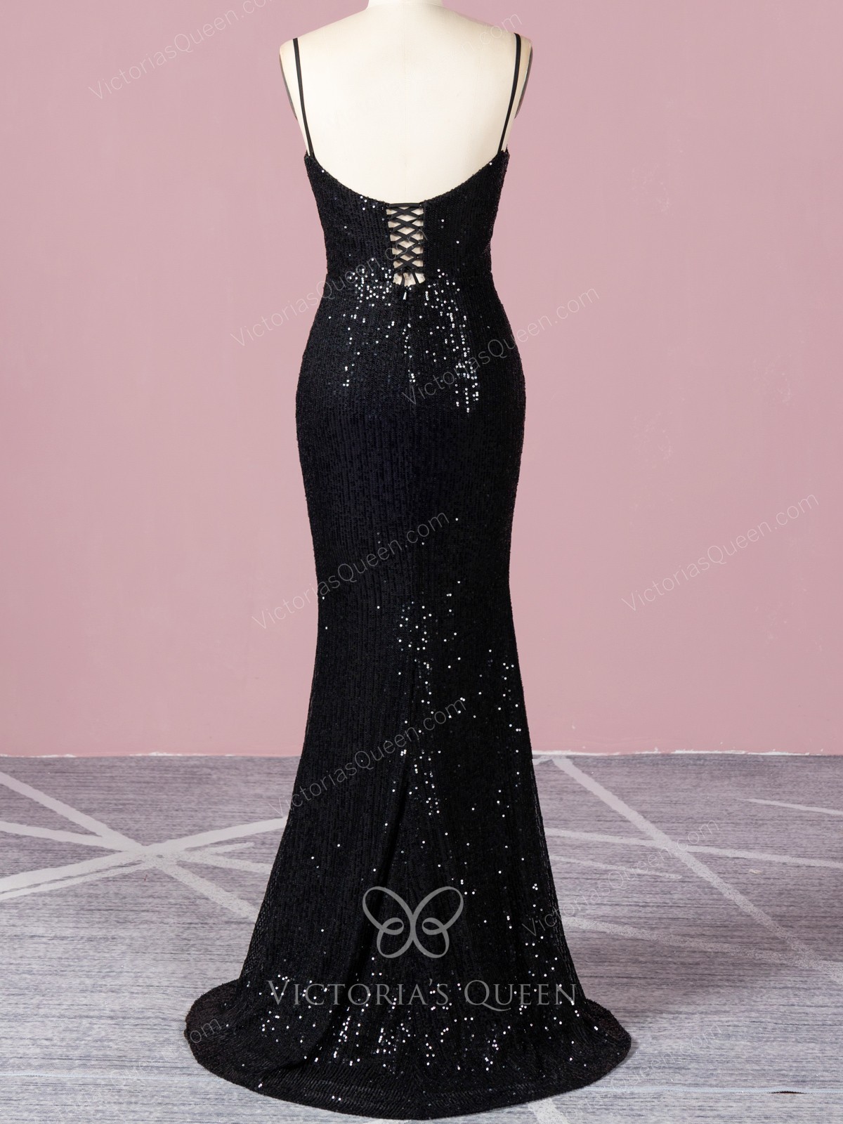 VQ Sparkly Black Stripe Sequin Thin Strap Sheath Prom Dress