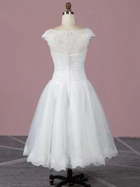 button back cap sleeve ivory tea length bridal dress