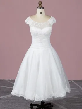 cap sleeve illusion neck vintage tea length wedding dress