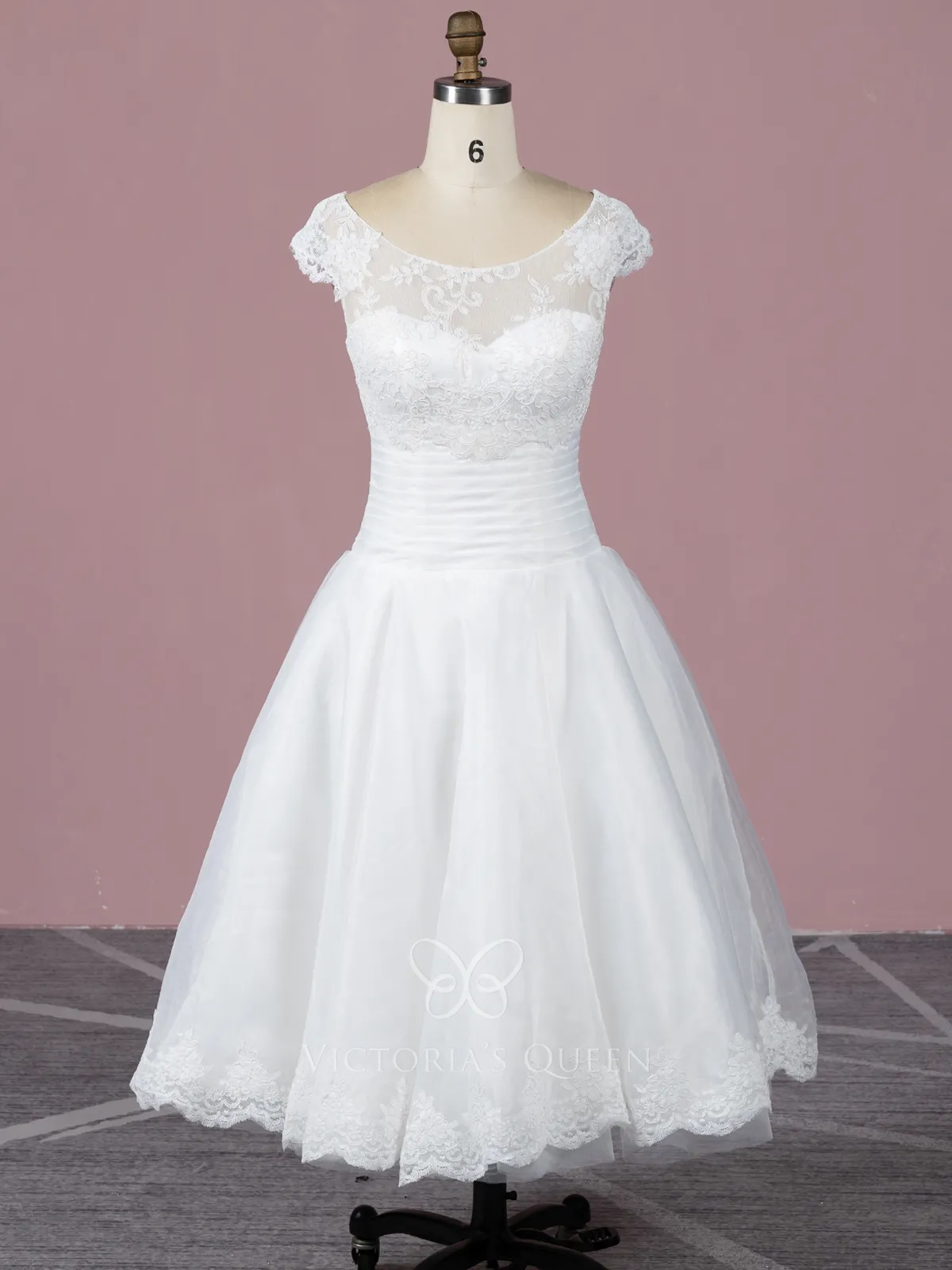 cap sleeve illusion neck vintage tea length wedding dress